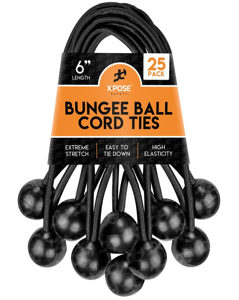 Xpose Safety Bungee Ball Cords 6" 25 Pack Heavy Duty Black Stretch Rope with Ball Ties for Canopies, Tarps, Walls, Cable Organization - Image 1